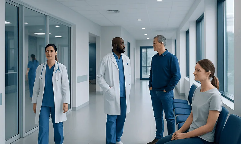 Medical professionals and patient in hospital corridor at Acibadem Hospitals Group.