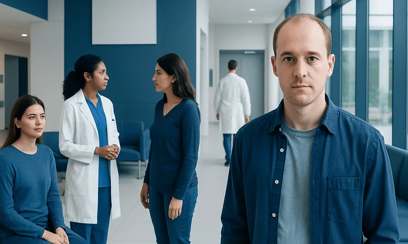 Patients and medical staff in a modern hospital corridor.