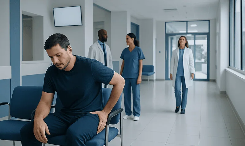 Patient experiencing hip pain in a hospital corridor with medical staff nearby.