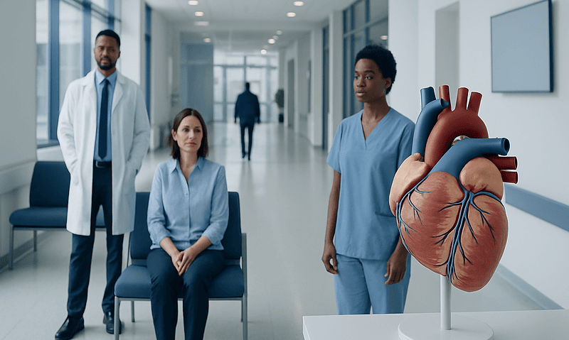 Medical team with a heart model in a hospital corridor.