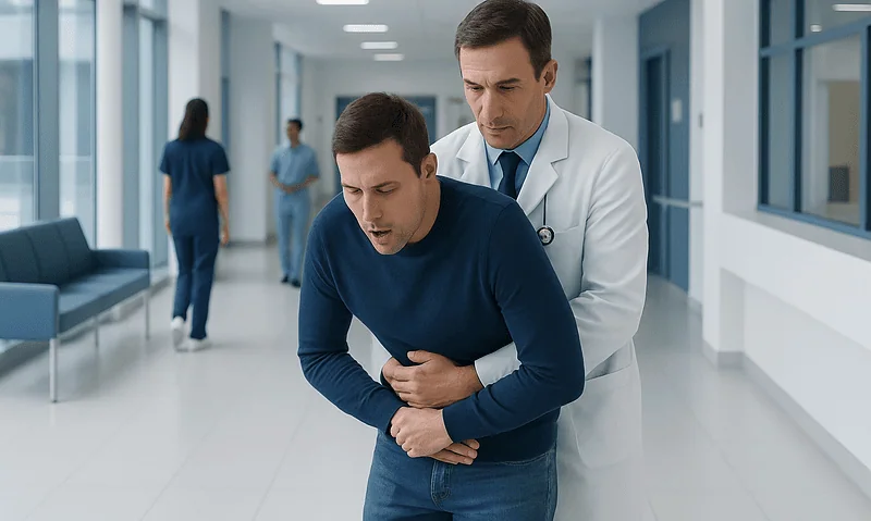 Doctor assists man with choking in hospital corridor.