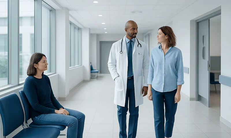 Doctor talking to a patient in a hospital corridor with a seated woman nearby.