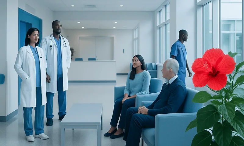 Medical consultation in a modern hospital waiting area with healthcare professionals and patients.