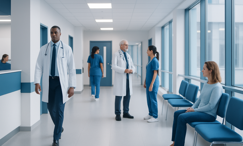 Medical professionals and patients in a modern hospital corridor.