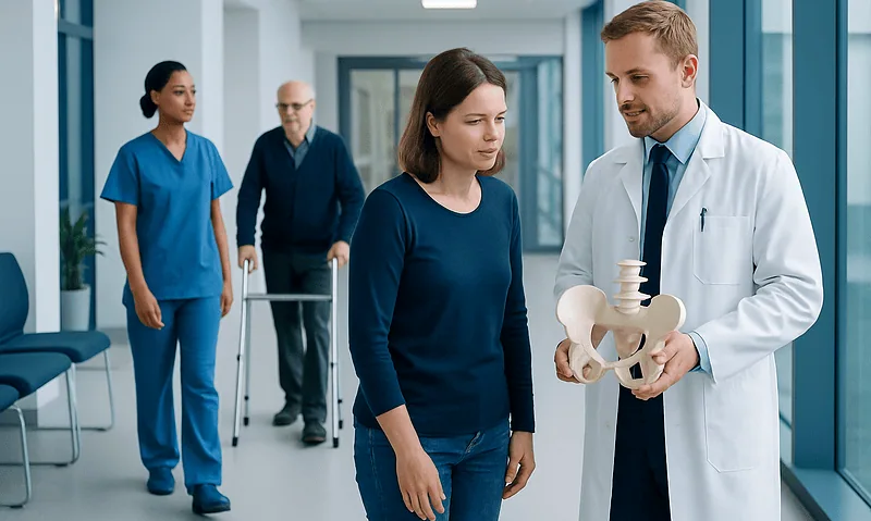 Doctor explaining hip bone anatomy to a patient in a hospital corridor.