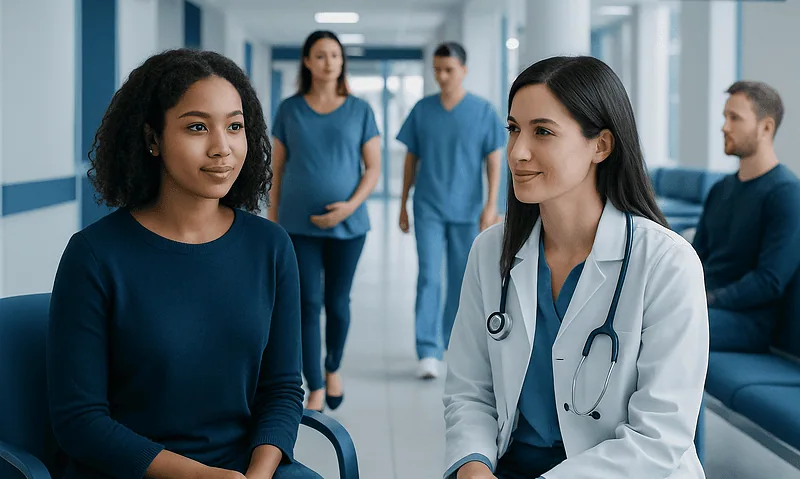 Doctor consulting young woman in hospital corridor with medical staff in background.