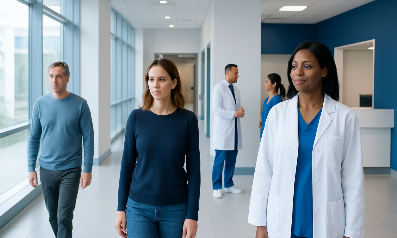 Patients walking in a modern hospital corridor with medical staff present.
