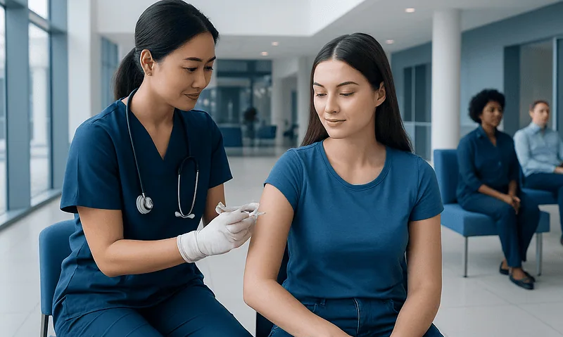Nurse administering HPV vaccine to young woman in hospital setting.