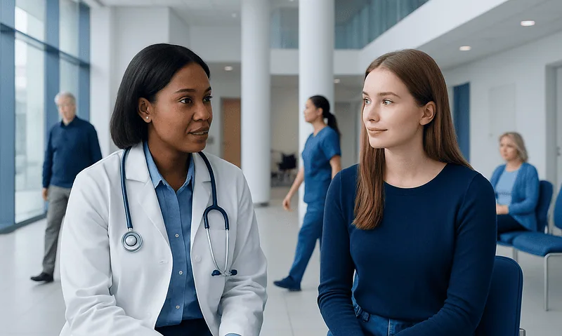 Doctor consulting with a young woman in a hospital lobby.