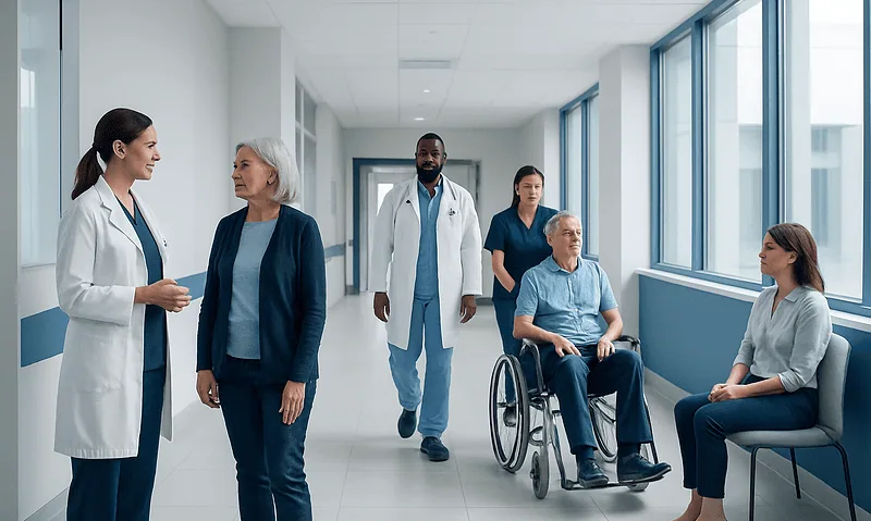 Medical team consulting with elderly patient in hospital corridor.