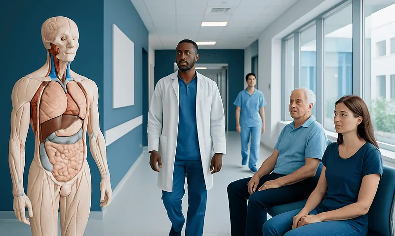 Medical professionals and patients in a hospital corridor with anatomical model.
