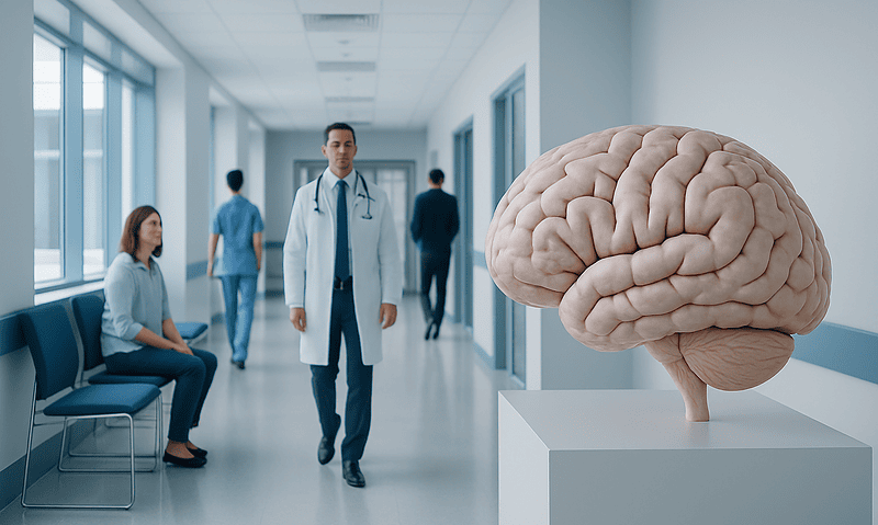 Medical professionals in a hospital corridor with a large brain model on display.