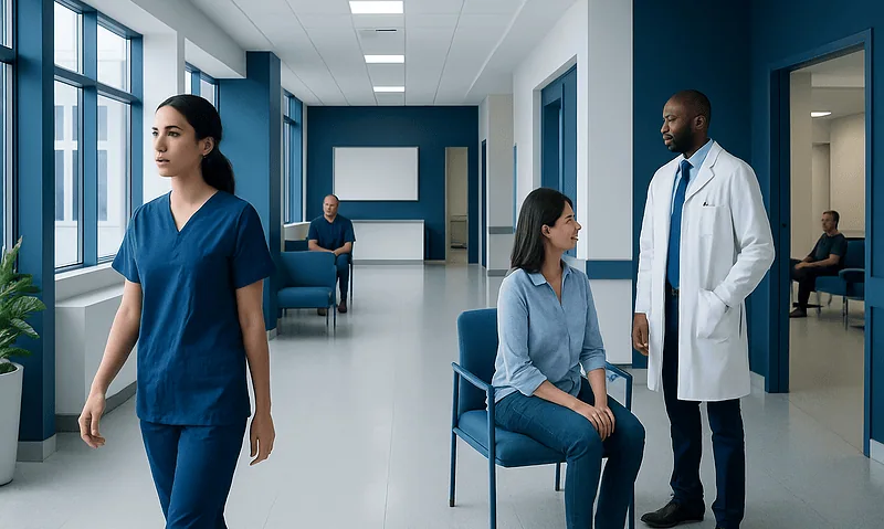 Medical consultation in a modern hospital corridor with healthcare professionals and patients.