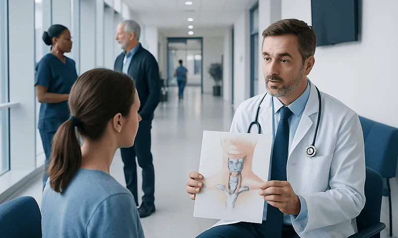 Doctor explaining hyoid bone to patient in hospital corridor.