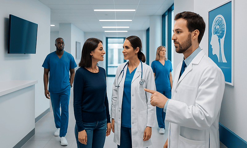 Medical team discussing patient care in hospital corridor.