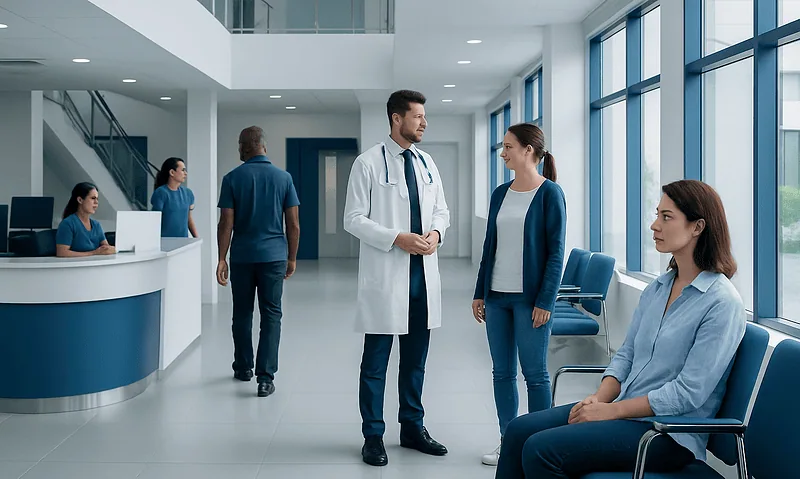 Medical professionals and patients in a modern hospital lobby.