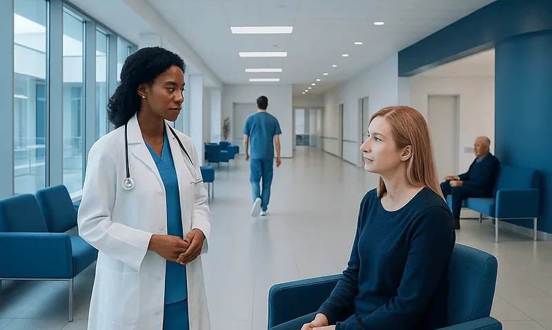 Hypothalamus: An Evidence-Based Guide for Patients 13 Doctor consulting a patient in a modern hospital corridor.