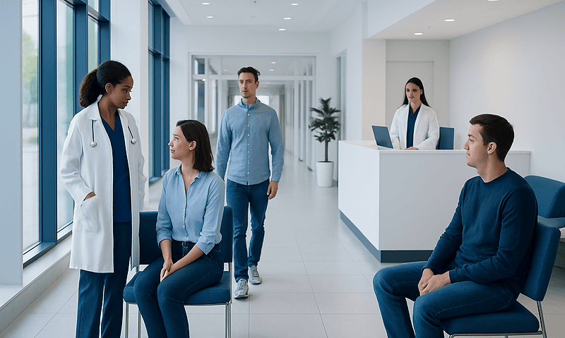 Medical consultation in a modern hospital corridor with healthcare professionals and patients.