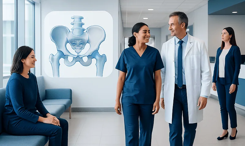 Medical team discussing hip anatomy in a hospital setting.