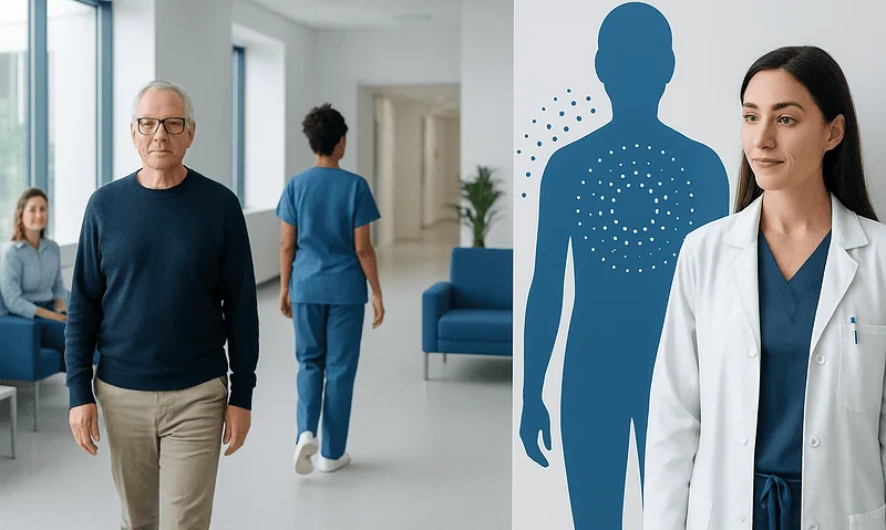 Doctor and patients in a hospital corridor with immune system diagram.