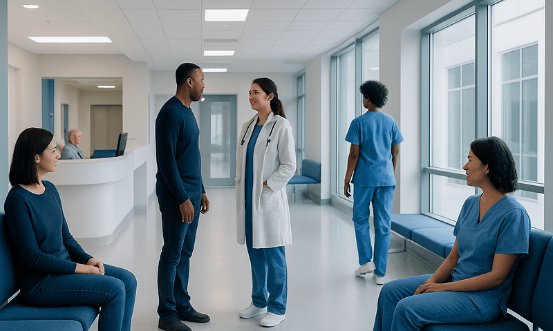 Patients and healthcare professionals in a hospital corridor.