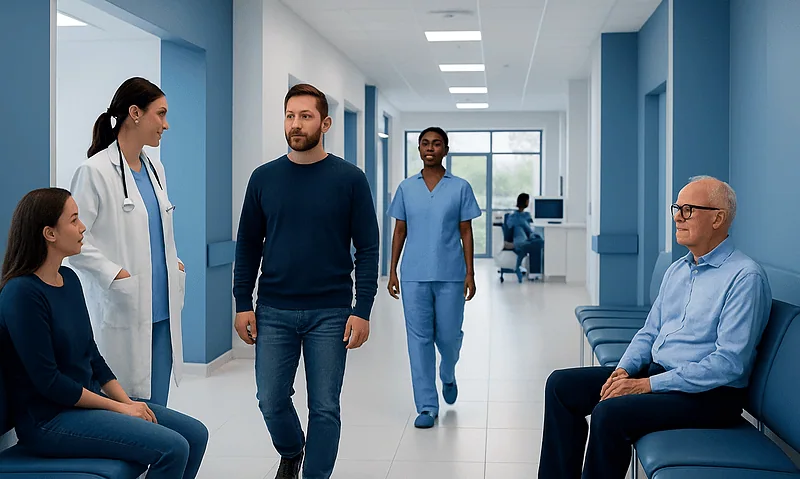 Patients and healthcare professionals in a hospital corridor.