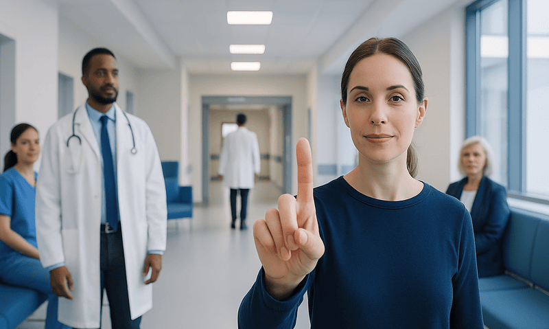 Female healthcare professional showing her finger in a hospital corridor.