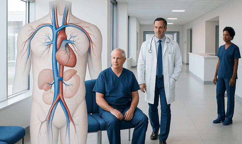 Medical professionals discussing vascular health with a large anatomical model of the human circula.