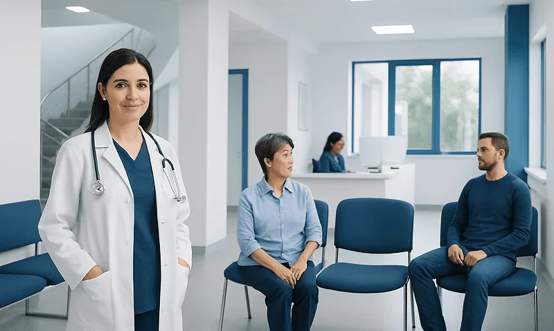 Medical consultation in a modern hospital waiting area with a doctor and patients.