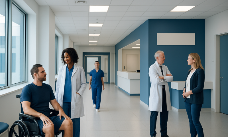 Medical professionals and patient in hospital corridor at Acibadem Hospitals Group.