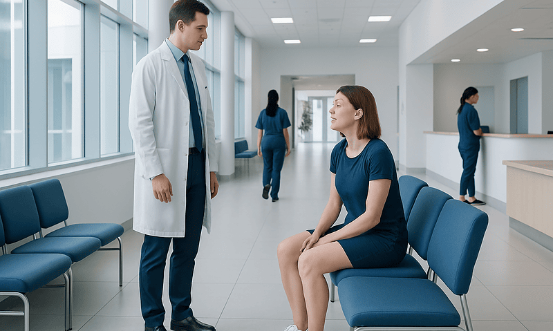 Doctor consulting with a patient in a modern hospital corridor.