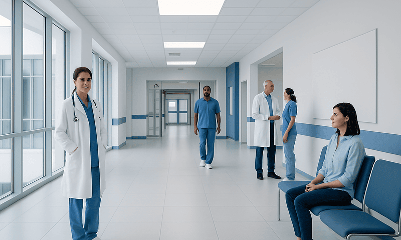 Healthcare professionals in a hospital corridor at Acibadem Hospitals Group.