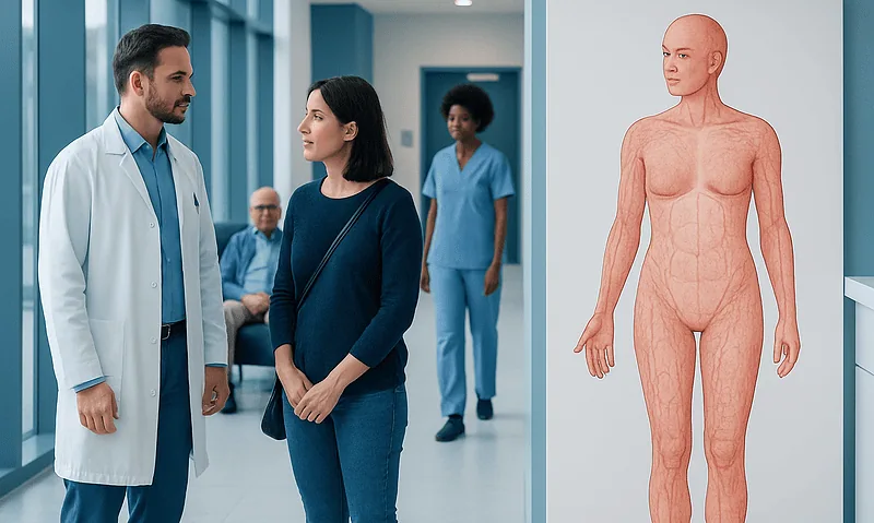 Doctor and patient discussing skin health in a hospital corridor with a human anatomy model.