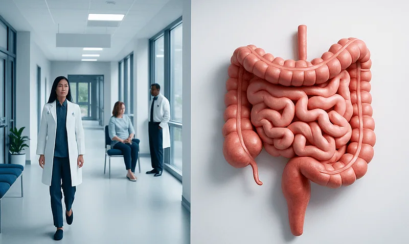 Medical professionals and a patient in a hospital corridor with a 3D model of intestines.
