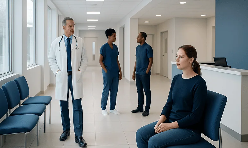 Doctor consulting with patients in a modern hospital corridor.