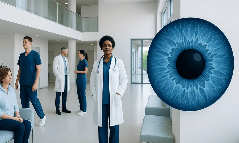 Medical team at Acibadem Hospital with a large eye illustration in the background.