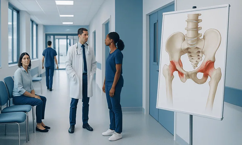 Medical professionals discussing hip anatomy in hospital corridor.