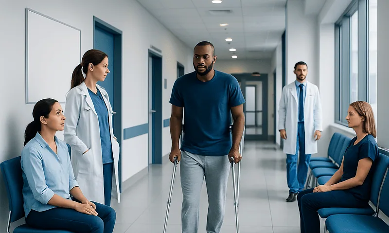 Patient with crutches in hospital corridor with medical staff and visitors.