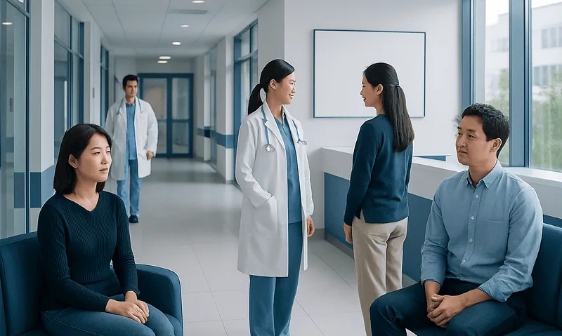 Medical consultation in a hospital corridor with healthcare professionals and patients.