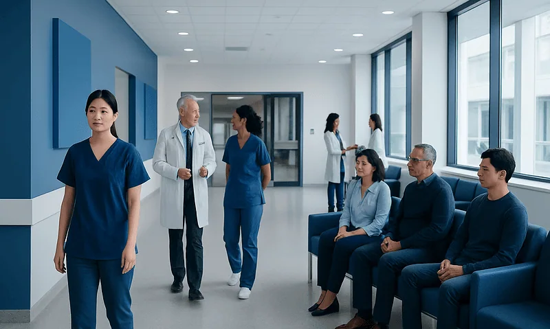 Healthcare professionals and patients in a modern hospital corridor.