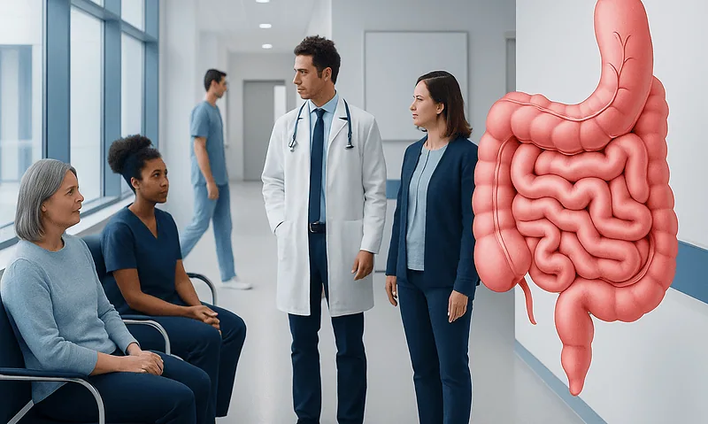 Doctors discussing intestinal health with patients in a hospital corridor.