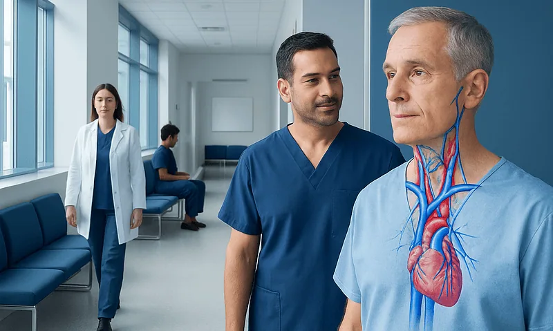 Medical professionals discussing a heart and neck anatomy model in a hospital corridor.