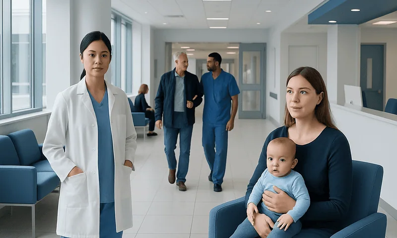 Healthcare professionals and a patient with a baby in a modern hospital corridor.