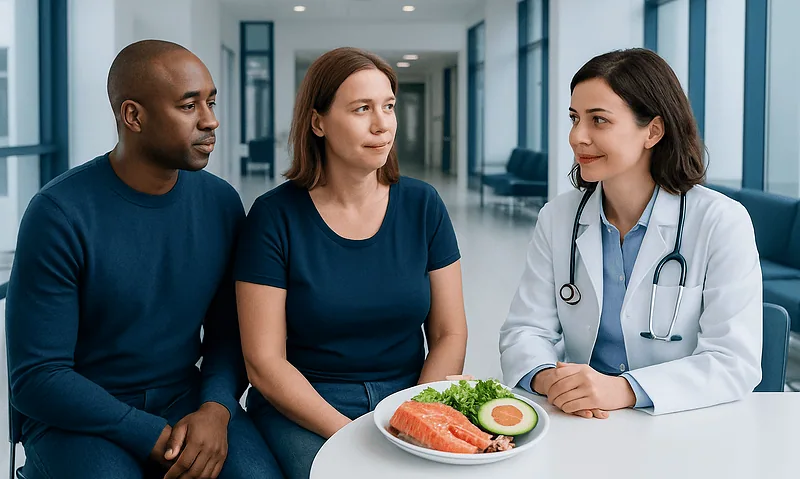 Doctor consulting with patients about healthy eating and nutrition.