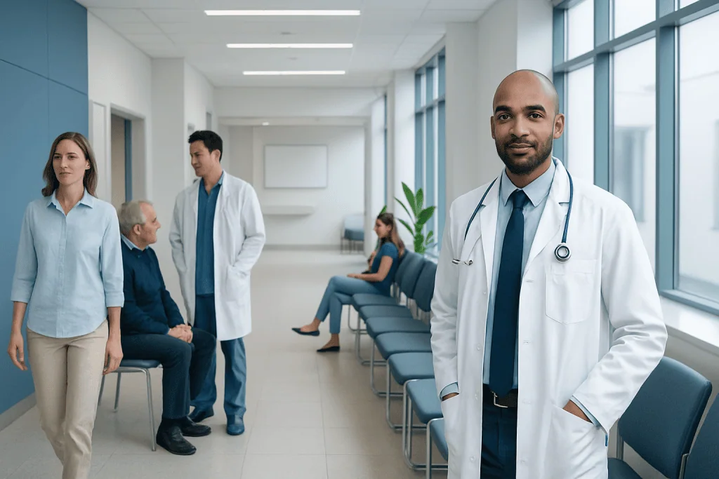 Kidney: What Patients Need to Know 1 Doctor with patients in a hospital corridor at Acibadem Hospitals Group.