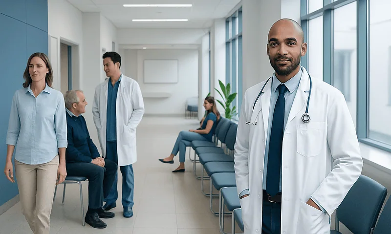 Doctor with patients in a hospital corridor at Acibadem Hospitals Group.