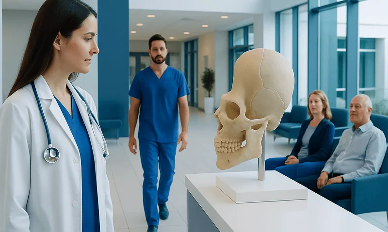 Medical professional explains skull model to patients in hospital lobby.
