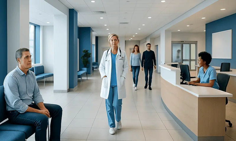 Hospital corridor with medical staff and patients in a modern healthcare facility.