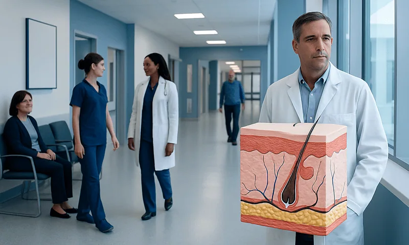 Doctor holding a skin cross-section model in hospital corridor.