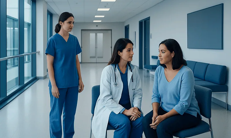 Medical consultation in hospital corridor with healthcare professionals and patient.